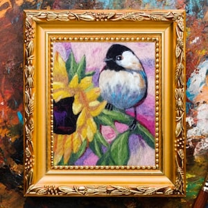 Pintura de lana de girasol de Ucrania, arte de pared de fieltro con aguja de pájaro y girasol de Ucrania, arte abstracto de pájaro, regalo de inauguración de la casa.