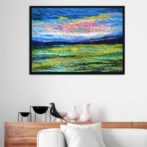Large Sunny Fields Wool Painting, Landscape Needle Felted Art, Abstract Felt Painting, Felt Wall Decor, Original Felt Art, Gift For Mom