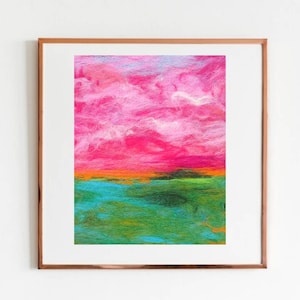 Ombre Pink Sky Landscape needle felted Wool Painting, Abstract Felted Wall Art, hot pink decor
