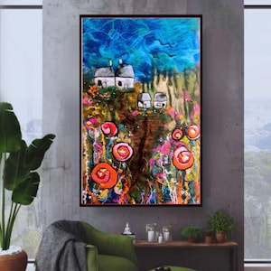 Landscape felt wall art, Cottage wool painting, needle felted orange sky, Landscape  wool picture