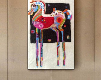 May include: A colorful abstract horse with a black background. The horse is made of yarn and has a whimsical, modern style.