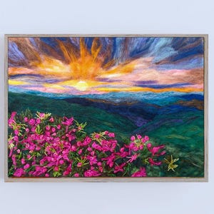 Pink flowers Mountain Felt Wall Art, Landscape Felt Art, Abstract Wool Decor, Embroidered Felt Art Decor, Felted Tapestry, Textile fiber Art