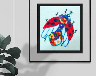 Dipinto di coccinella in lana infeltrita ad ago: decorazione murale in fibra artistica
