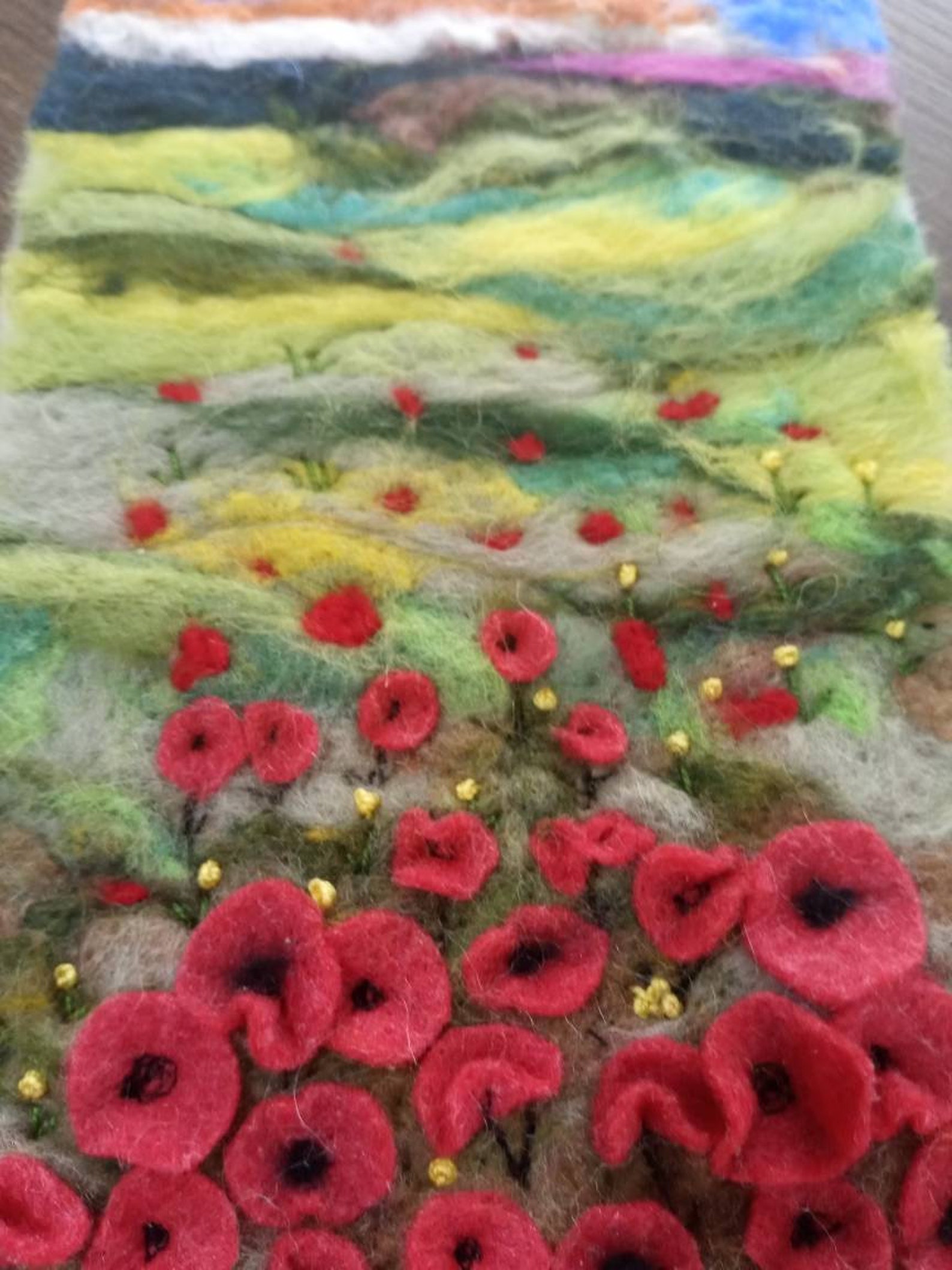 Poppys Wool Painting Abstract Felt Art Green Fields Wool - Etsy
