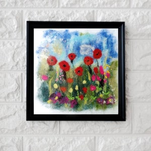 Wild Flowers Wool Painting, Poppys Abstract Felt Art, Needle Felted Landscape, Felted Tapestry