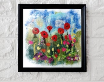 Wild Flowers Wool Painting, Poppys Abstract Felt Art, Needle Felted Landscape, Felted Tapestry