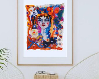 Felt Wall Art, Girl Portrait, Colorful Wool Painting (48x41cm)