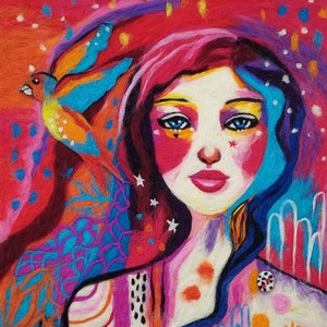 Felt wall art, Girl colorful wool painting, Felt wool, PORTRAİT FELTED PICTURE, needle felted art.