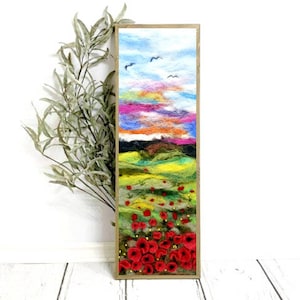 Poppys Wool Painting, Abstract Felt Art, Green Fields Wool Painting, Landscape Embroideried Felt Wall Decor, gift for mom