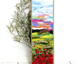 Quadro in lana con papaveri: paesaggio astratto in feltro, decorazione murale ricamata