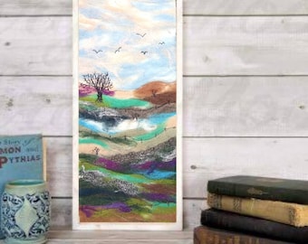 Tree and Green Fields Wool Painting, Landscape Felt Art, Felted Wall Decor, Nature Felt Painting, Felted Wool Wall art, Housewarming Gift,