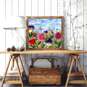 Wild Flowers Wool Painting, 2D Violet Abstract Felt Art, Needle Felted And Embroidered Art Decor, Felted Tapestry, Wool Felted Wall Art