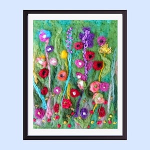 Wild Flowers Embroidered Wool Painting, Needle Felted Flower Art, Embroidered Landscape Wall Decor, Housewarming Gift, Botanical Felt Art
