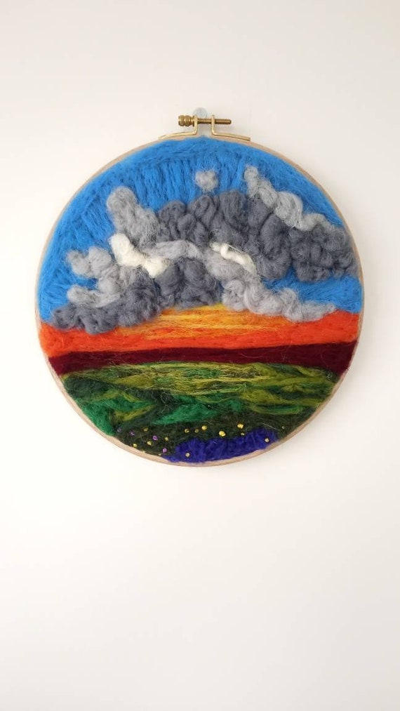 Abstract Sunset Needle Felted Hoop Art, Modern Hoop Art Decor, Landscape Felt  Art, Colorful Sunset Wool Painting, Felted Wool Wall Decor. 