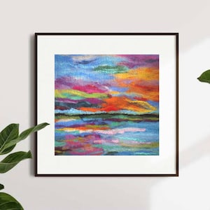 Orange Sunset Wool Painting, Abstract Felt Art, Wet Felted Landscape Wall Decor.