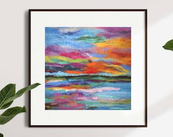 Orange Sunset Wool Painting, Abstract Felt Art, Wet Felted Landscape Wall Decor.