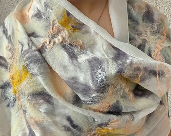 White felted silk womens scarf, Large nuno felt shawl, wrap, felted throw.