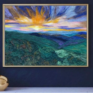 Colorful Mountains Felt Wall Art, Landscape Felt Art, Abstract Wool Decor, Embroidered Felt Art Decor, Felted Tapestry, Textile fiber Art