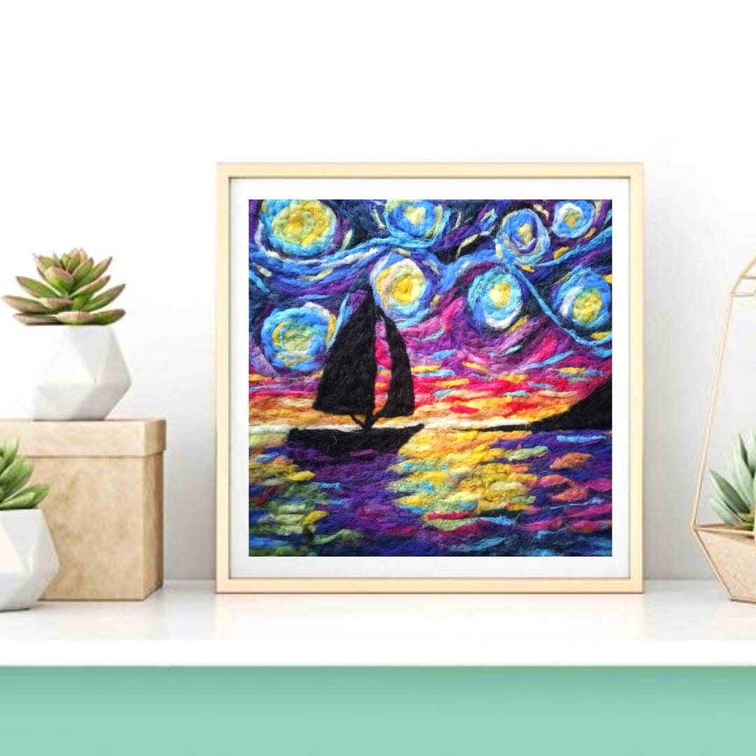 Starry Night Wool Painting Wall Decor, Van Gogh Art, Needle Felted Art