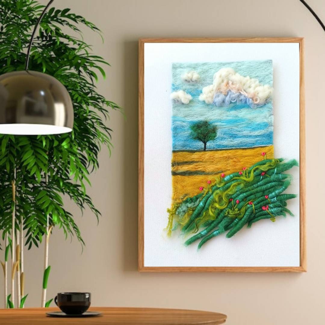 抽象的な風景のニードルフェルトウール絵画、モダンフェルトアート