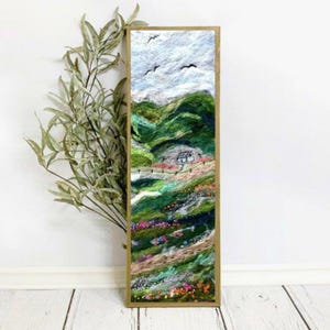 Green Fields Wool Painting, Landscape Felt Art, Needle Felted Wall Decor, Embroidered Felt Painting,  Embroidered Felt Tapestry, Modern Art