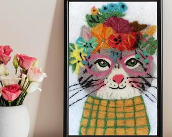 Hipster Cat Wool Painting, Felt Art, Felted Wall Decor, Abstract Felt Tapestry, Needle Felted Cat, Kids Room Decor.