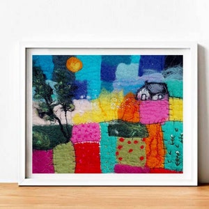 Landscape wool painting, colorful  wet felted picture, textile wall art, felted art.