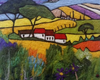 Italian Village Felt Art, Wool Painting, Felt Picture, Original Needle Felt Art, Abstract Landscape Art, Nature Felt Painting, Housewarming