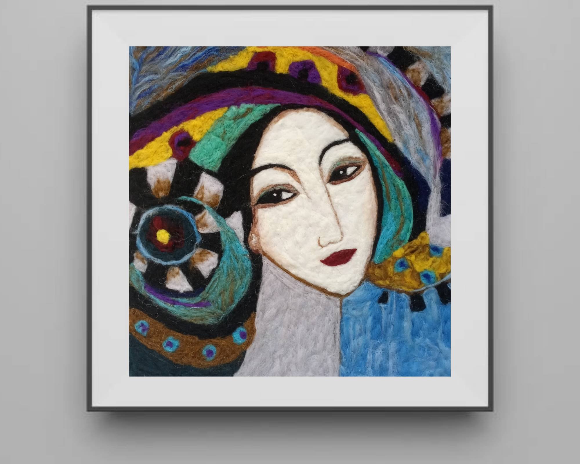 Needle Felted Woman Portrait: Colorful Ethnic Wool Painting