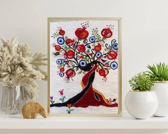 Turkish art, felt wall art, tree of hope nazar amulet wool painting, Evil Eye Turkish Felt Art Decor, Needle Felted Pomegranate Art.