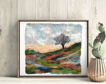 Tree and Green Hill Landscape Wool Painting, Nature Felt Wall Art, Abstract Felt Art, Botanical Fiber Art, Housewarming Gift, Textile Art