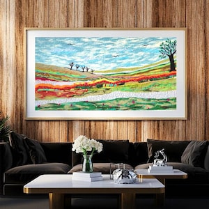 Green Fields Extra Large Wool Painting, Landscape Felt Art, Needle Felted Wall Decor, Embroidered Felt Painting.