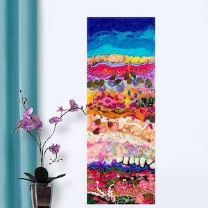 Floral Embroidered Landscape Wool Painting, Needle felted Wool Wall Hanging, Textile Art Decor.