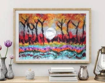 Moon wet felted Wool Painting, Needle  Felted Wool Art.