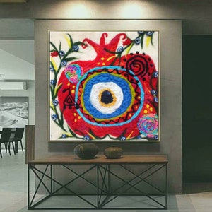 Pomegranate Wool Painting, Mystic Evil Eye Felt Art, Turkish Art Decor, Felted Wall Decor, Anatolian Spritual Wool Art, Blue Eye Art,