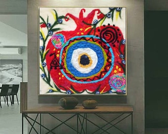 Pomegranate Wool Painting, Mystic Evil Eye Felt Art, Turkish Art Decor, Felted Wall Decor, Anatolian Spritual Wool Art, Blue Eye Art,