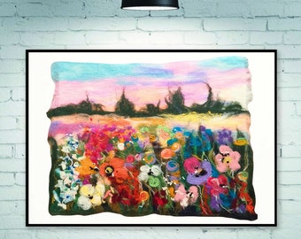 Original Wild Flowers Wool Painting, Abstract Landscape Needle Felted Art, Botanical Art, Garden Felt Decor, Nature Felted Art