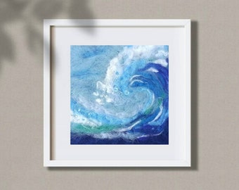 Ocean Wave Wool Painting, Abstract Ocean Landscape Felt Painting, Original Wool Picture, Surfer Gift, Wool Wall Tapestry, Needle Felted Art