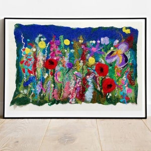 Garden Wild Flowers Wet felted Wool Painting, Floral wool picture, wool wall hanging