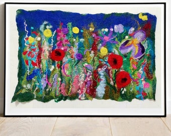 Garden Wild Flowers Wet felted Wool Painting, Floral wool picture, wool wall hanging