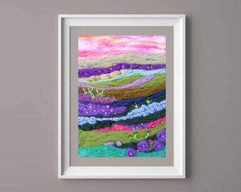 Purple Flowers Landscape Wool Painting, Needle Felted Botanical Felt Art.