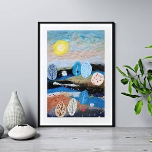 Blue Ridge Mountains Wool Painting, Landscape Felt Art, Needle Felted Wall Decor, Embroidered Felt Painting