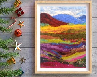 Landscape Wool Painting, Needle felted Fields Wool Wall Art, Mountains Felt Art Decor, Felt Wall Art Decor, Gift For Mom, Exceptional art