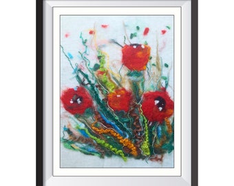 Red Poppy Wet Felted Wall Art: Handmade Fiber Art (35.5x28.5cm)