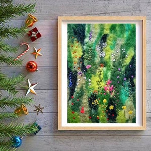 Wild Flowers Embroidered Wool Painting, Needle Felted Flower Art, Embroidered Landscape Wall Decor, Housewarming Gift, Botanical Felt Art