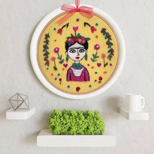 Felted Hoop Art, Frida Wool Painting, needle felted wall art.