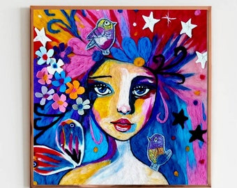 Dipinto di donna stravagante in lana, arte murale in feltro colorato