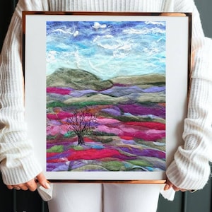 Purple Landscape Wool Painting, Abstract Felted Wall Art, Nature Felted Picture, Housewarming Gift, Unique Felt Picture Art, Felt Tapestry.