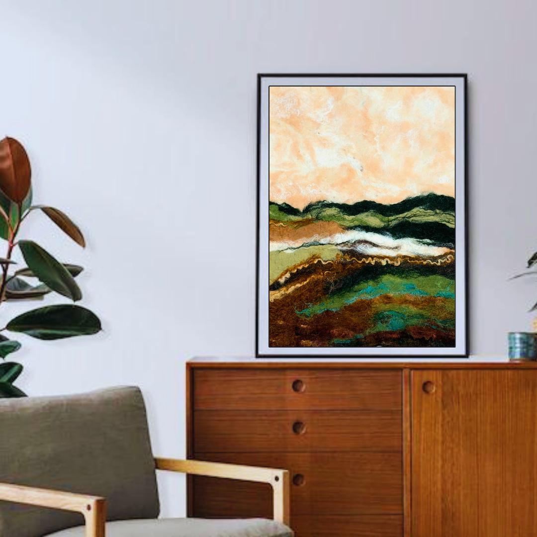 Green Fields Landscape Wool Painting, Abstract Felt Art