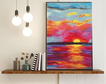 Colorful Sunset  Felted Painting, Wet Felted Original Wool Art Picture, Landscape Wool Painting, Housewarming Gift, Sunset Scnery Painting